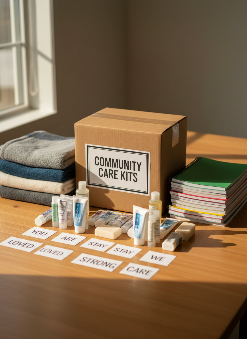 A close-up photographic realism shot of a carefully arranged donation station, featuring a sturdy cardboard box wrapped in kraft paper with a professionally printed “Community Care Kits” label, surrounded by neatly organized items on a smooth wooden table: folded fleece blankets, stacks of spiral notebooks, rows of unopened toiletries, and small cards with uplifting, typographic messages. Late afternoon natural light from a nearby window washes across the scene, highlighting soft fabric textures and casting gentle shadows behind each object. Shot from a slightly elevated angle with a shallow depth of field that keeps the central box and label in sharp focus while the outer items softly blur, the mood is caring, intentional, and quietly powerful.