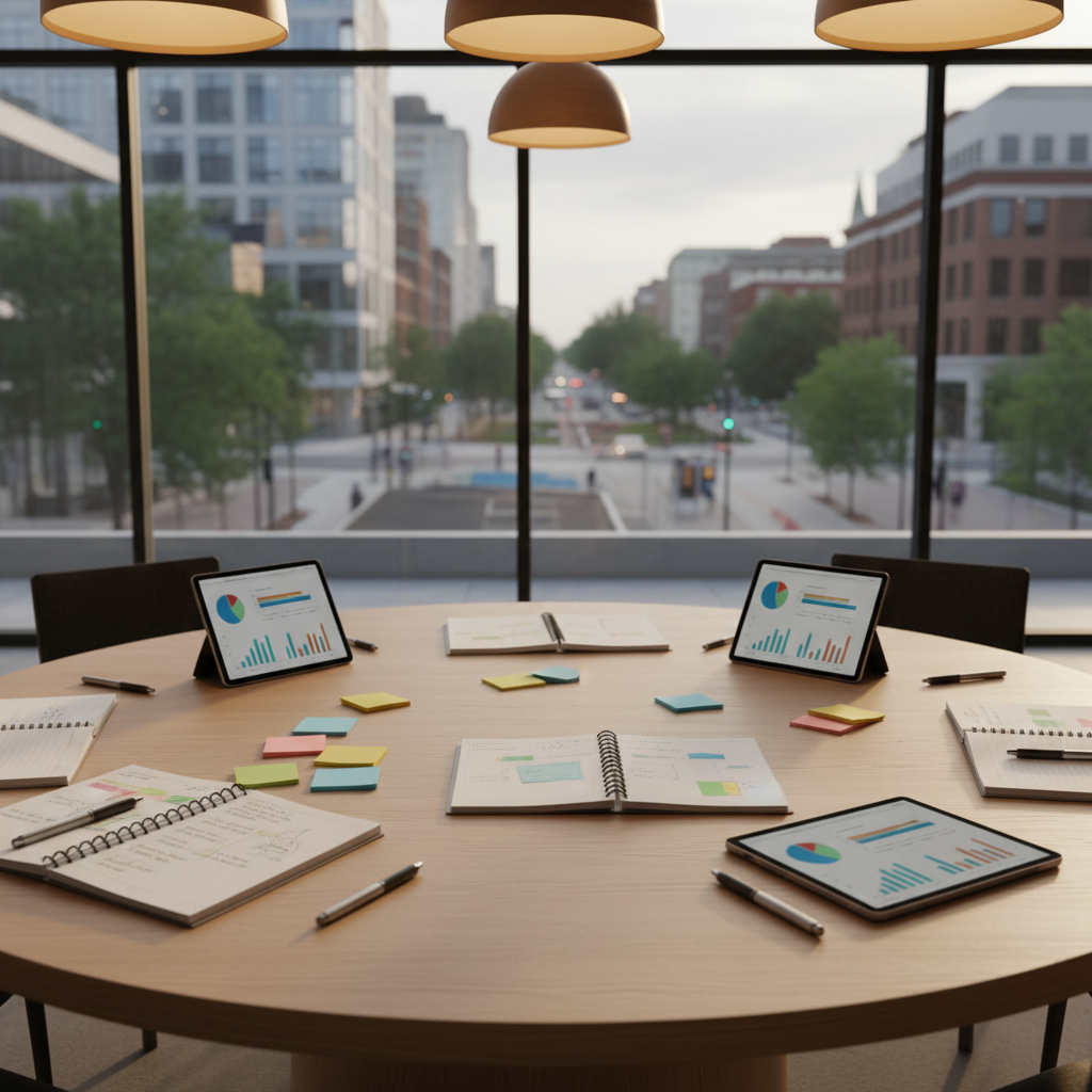 A round meeting table of smooth, light-colored wood in a contemporary community center, neatly arranged with open notebooks, color-coded sticky notes, digital tablets displaying charts, and branded pens, all implying active planning without showing any people. In the background, a glass wall reveals an urban neighborhood with trees and buildings in soft focus. Warm overhead pendant lighting mixes with late afternoon natural light, creating gentle reflections on tablet screens and subtle highlights on the table’s surface. Photographic realism, captured from a slightly elevated angle with balanced composition, giving a sense of purposeful collaboration and strategic community impact in a clean, modern environment.