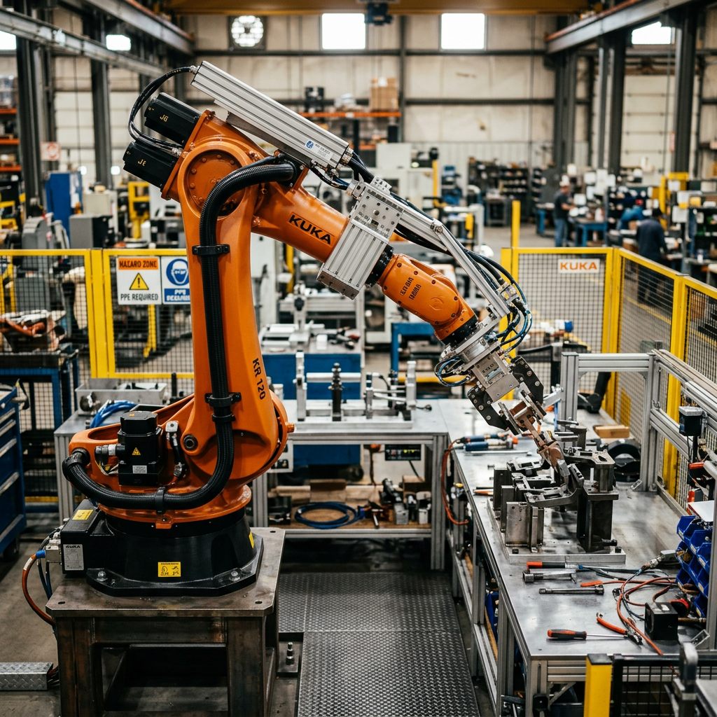 KUKA KR 120 robotic arm assembling parts on a metal workstation in an industrial factory