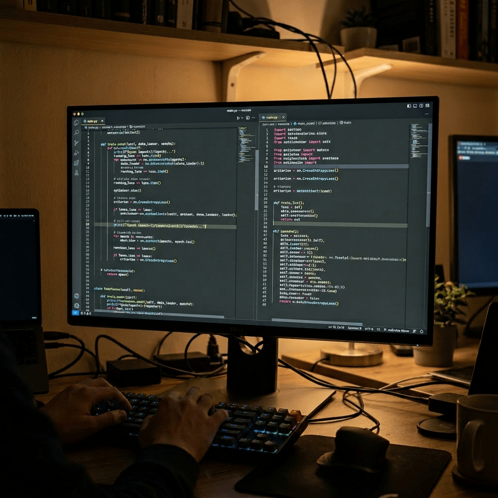 Person typing code on a desktop monitor displaying programming in a dark-themed editor